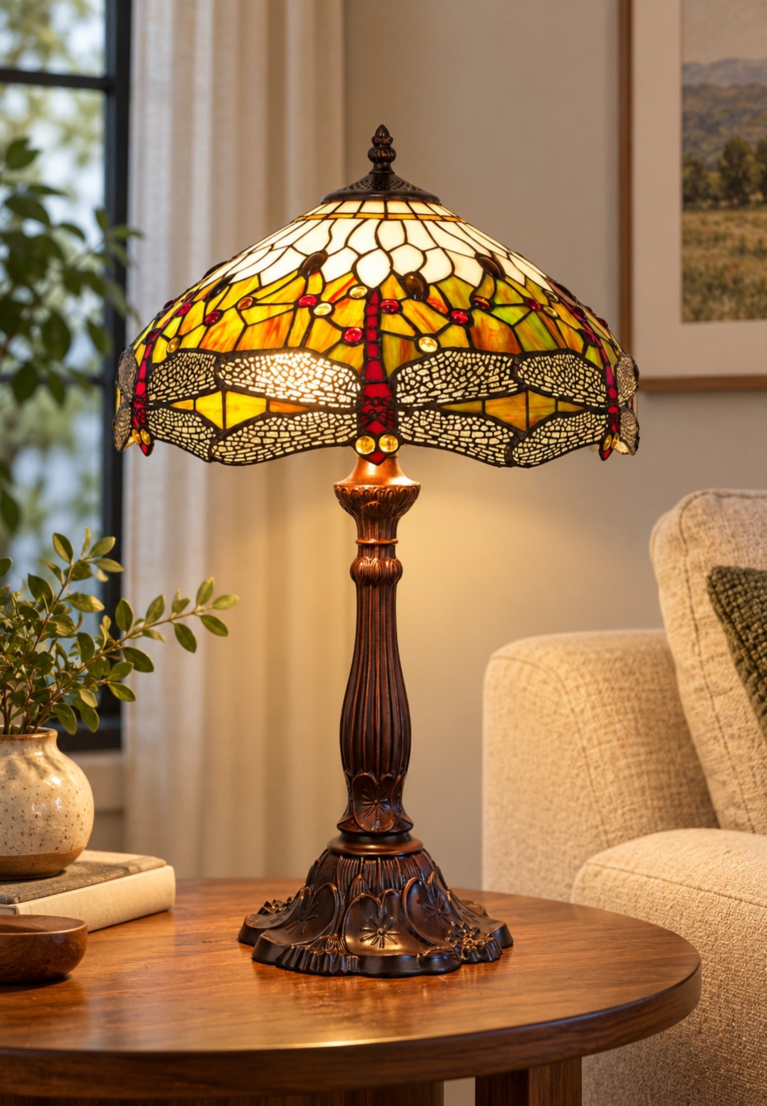 Premium 16" Amber Dragonfly Tiffany Style Table Lamp with Filigree Wings