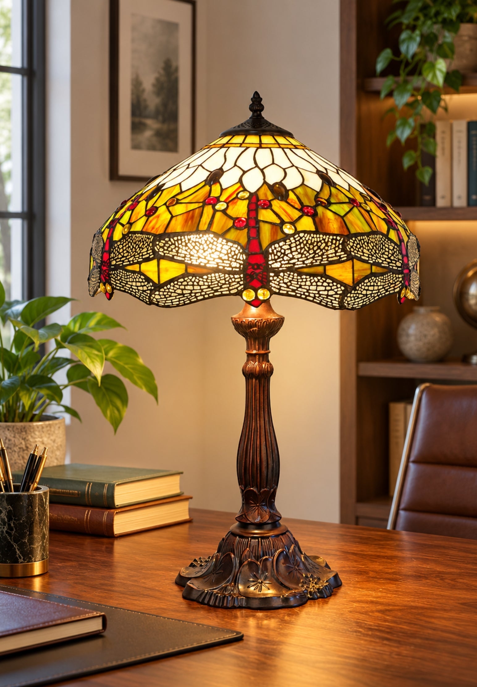 Premium 16" Amber Dragonfly Tiffany Style Table Lamp with Filigree Wings