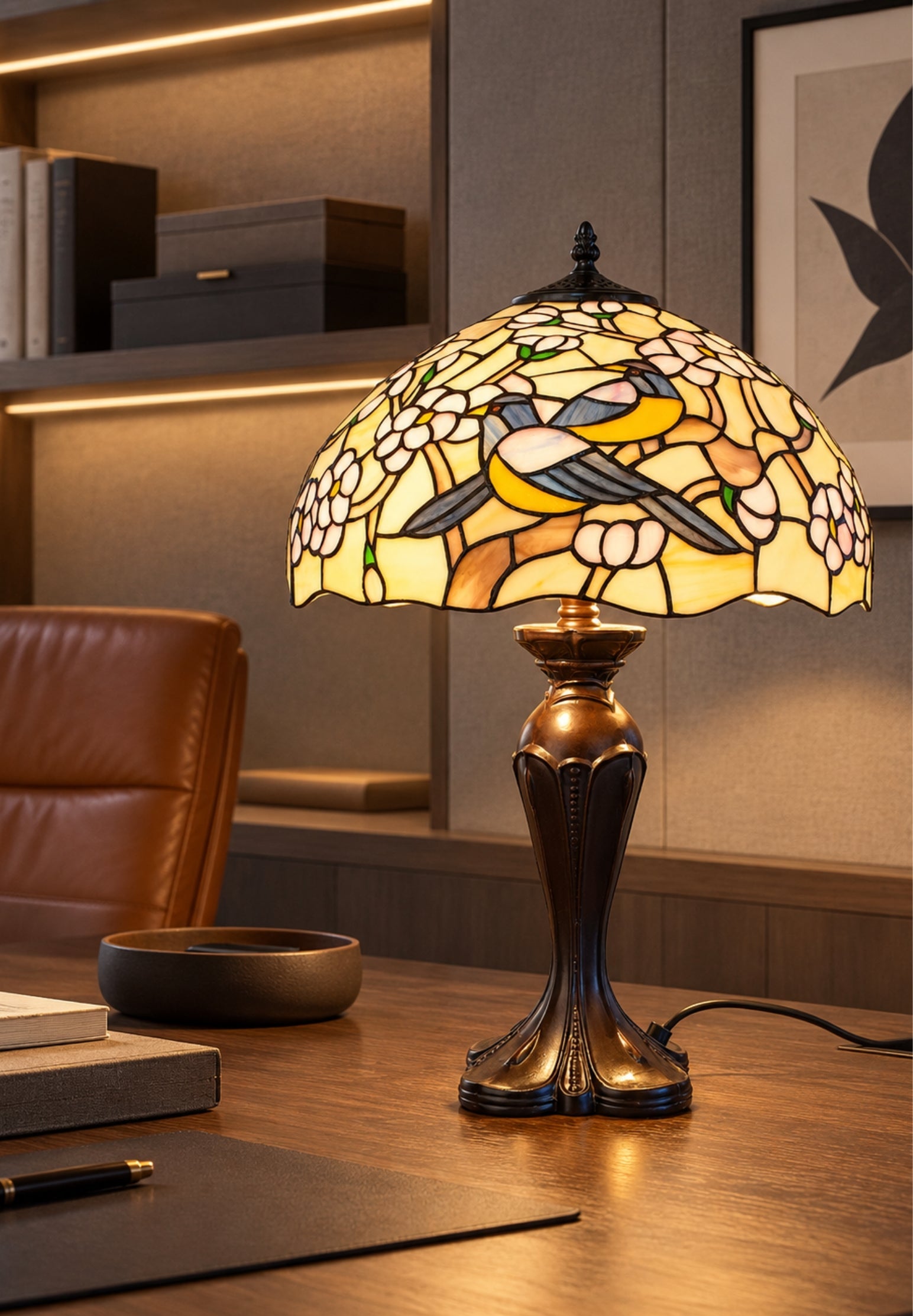 Premium 16" Magpie Birds Blossom Tiffany Stained Glass Table Lamp