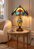 Premium 16" Blue Art Nouveau Tiffany Style Table Lamp with Illuminated Base