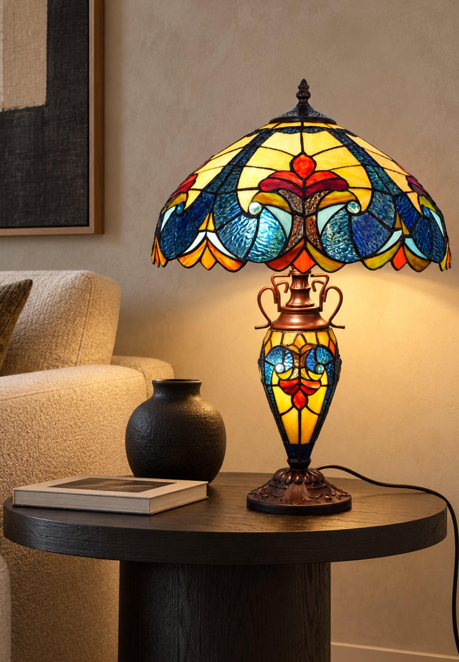 Premium 16" Blue Art Nouveau Tiffany Style Table Lamp with Illuminated Base