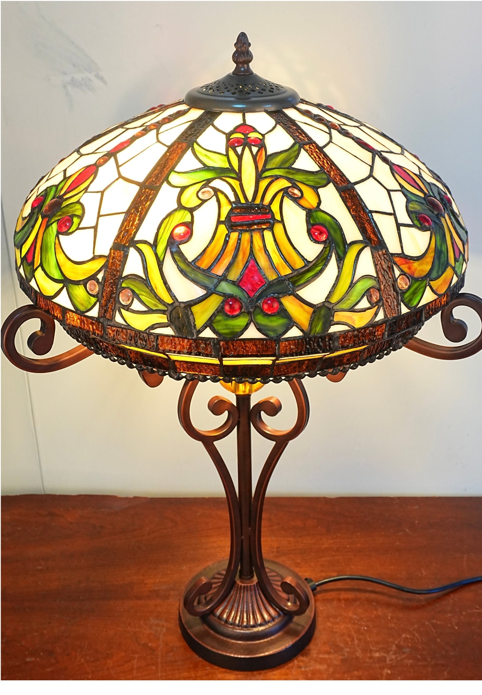 Premium 16" Amber Art Nouveau Tiffany Style Table Lamp with Scrollwork Base