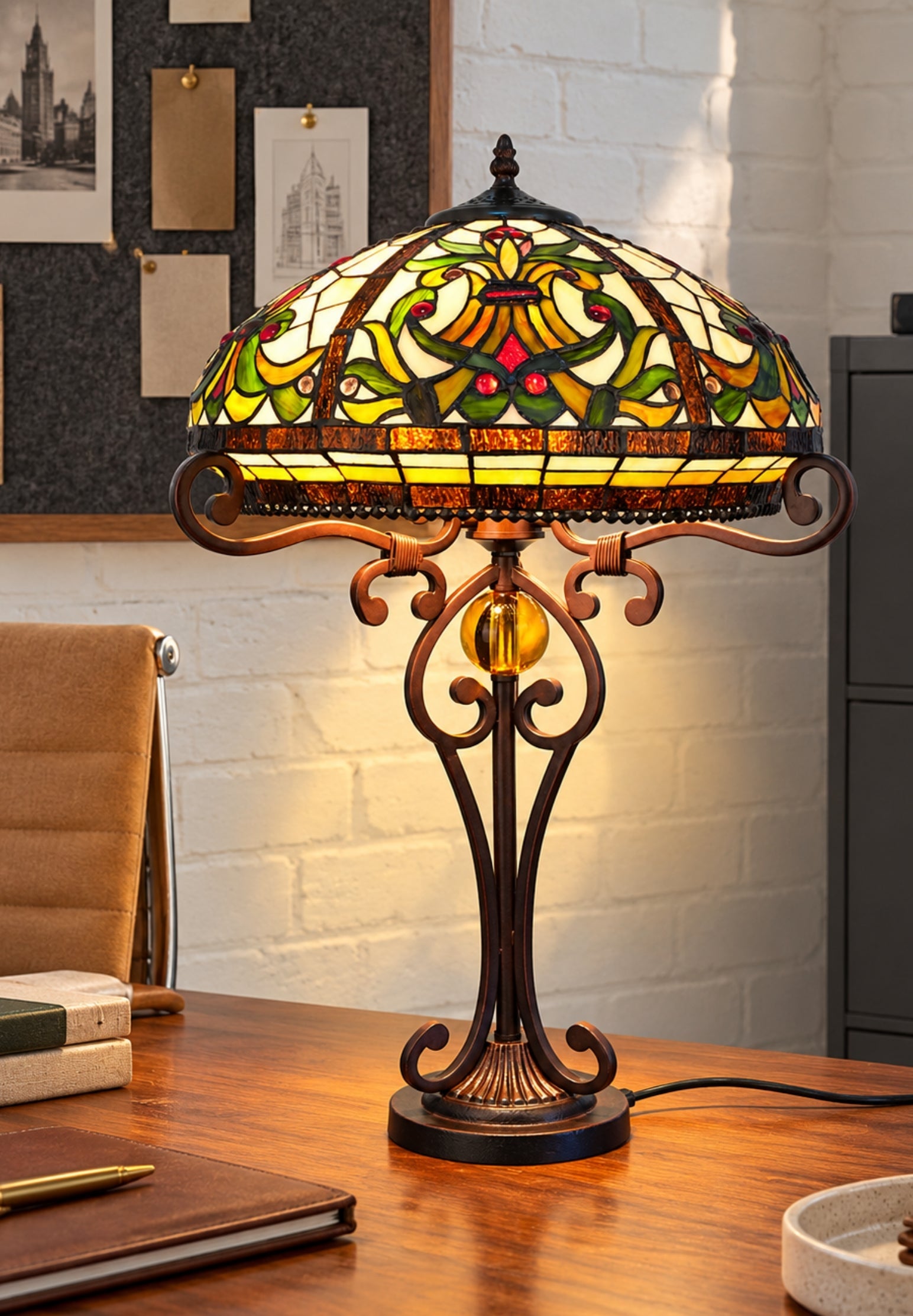 Premium 16" Amber Art Nouveau Tiffany Style Table Lamp with Scrollwork Base