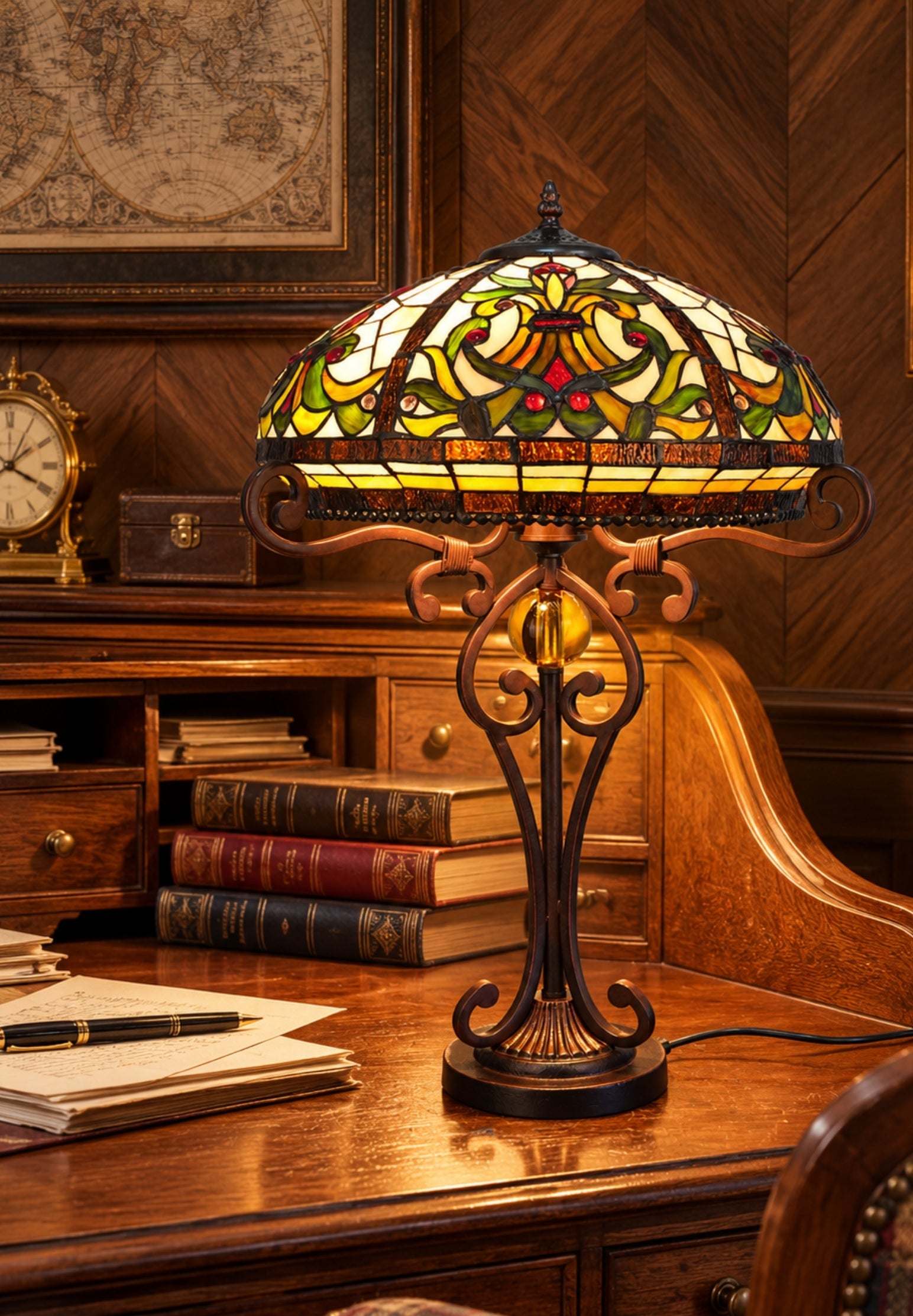 Premium 16" Amber Art Nouveau Tiffany Style Table Lamp with Scrollwork Base