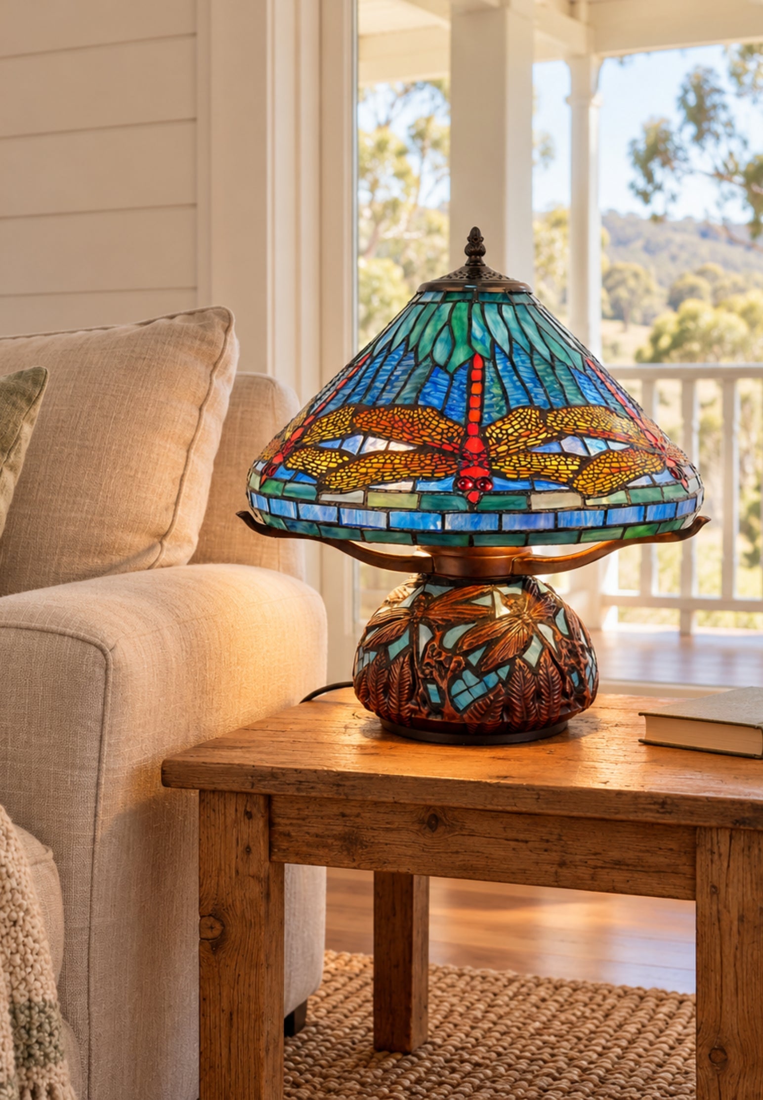 Premium 16" Blue Dragonfly Tiffany Table Lamp with Mosaic Base