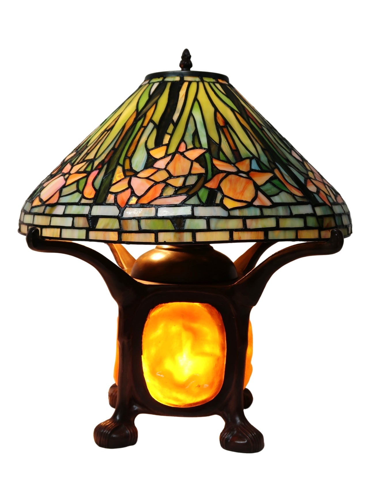 Legend Collection@Reproduction Tiffany Daffodil Flower Table Lamp  With "Turtleback Tile" Lighted base