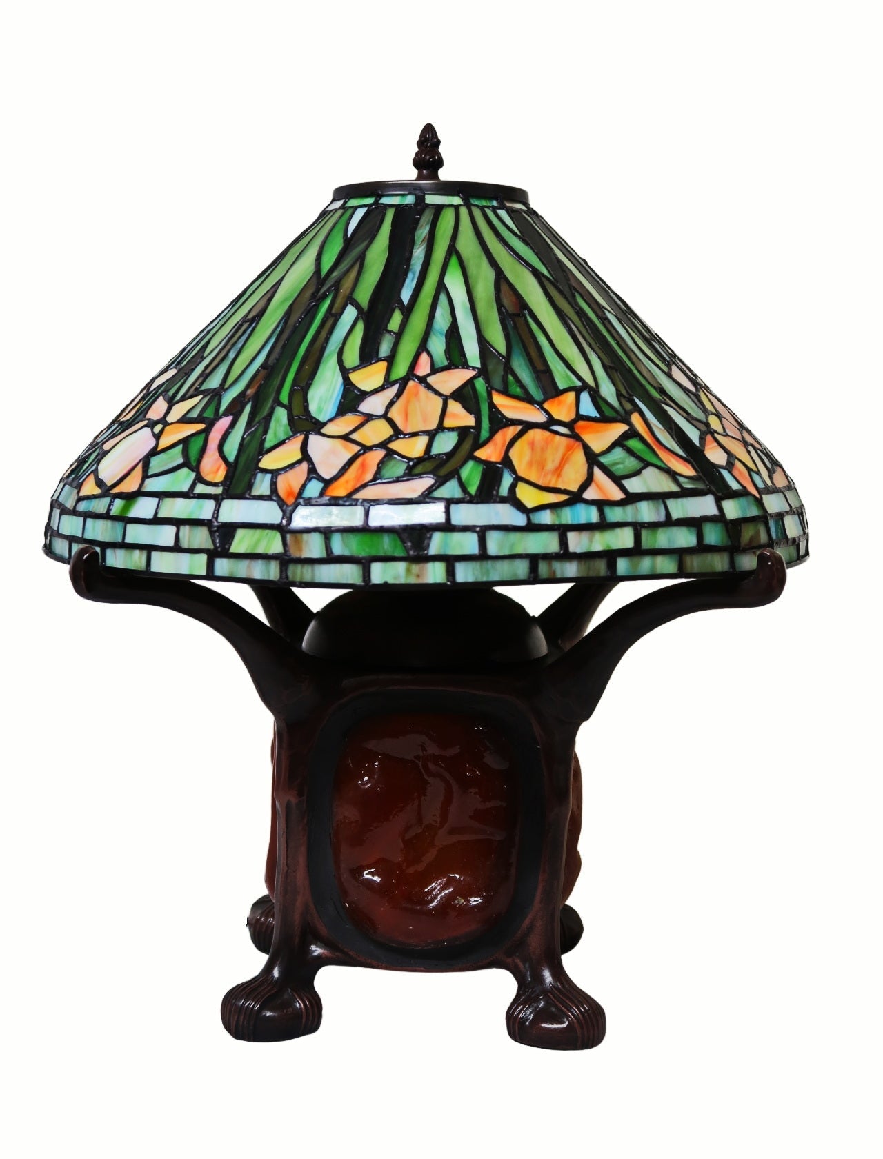 Legend Collection@Reproduction Tiffany Daffodil Flower Table Lamp  With "Turtleback Tile" Lighted base