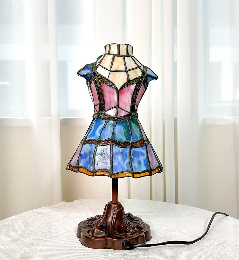 Tiffany Leadlight Art Deco Stained Glass Dress Form Table Lamp