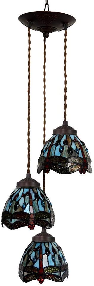 3 light blue Dragonfly Style Tiffany Stained Glass Pendant Lights