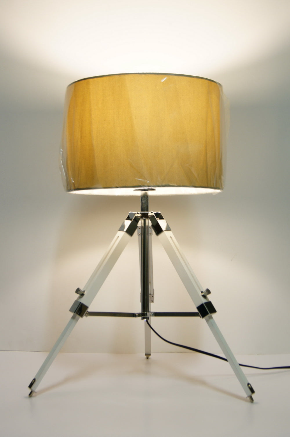 Limited Stock @Striking industrial style Tripod Table Lamp Beige shade with white wooden base