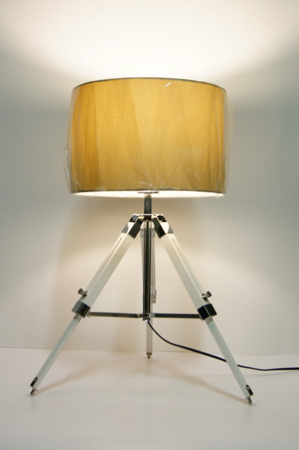 Limited Stock @Striking industrial style Tripod Table Lamp Beige shade with white wooden base