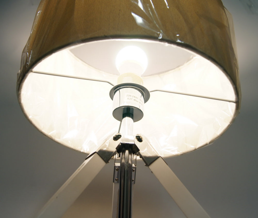 Limited Stock @Striking industrial style Tripod Table Lamp Beige shade with white wooden base