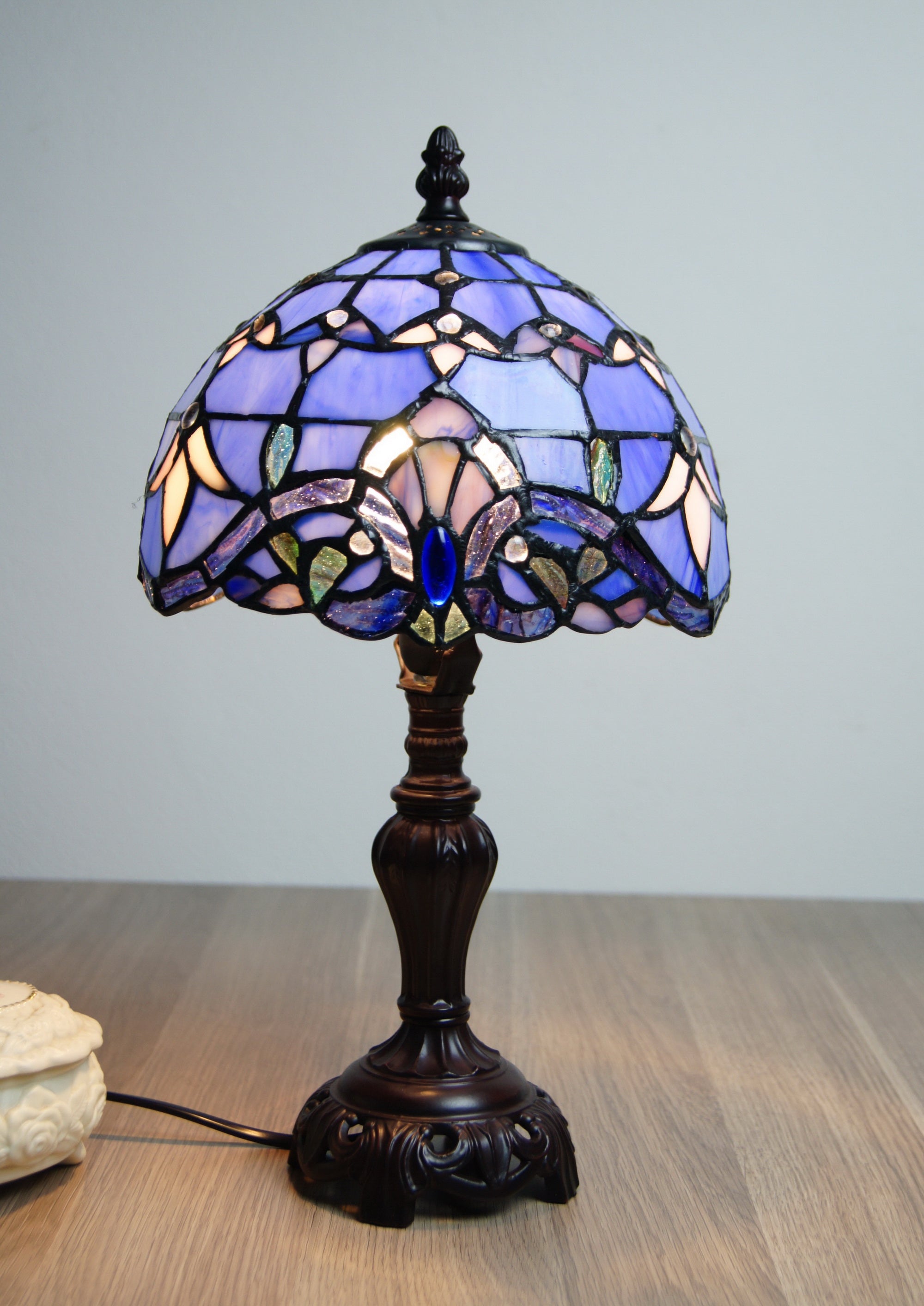 Stunning 8" Blue  Baroque Style Tiffany Mini Table Lamp