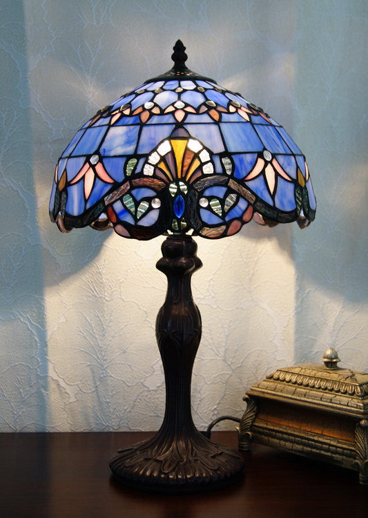 12" Blue Victorian Style Tiffany Bedside Lamp