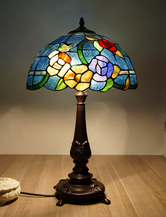 Tiffany Style Rose Floral Stained Glass Table Lamp for Living Room & Bedroom