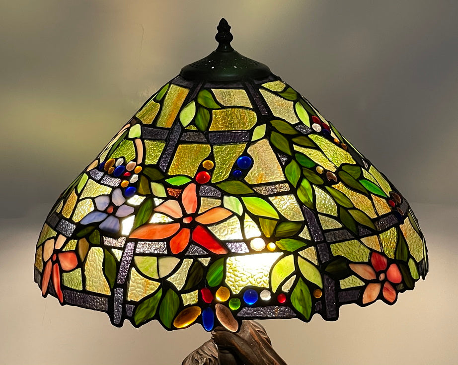 Limited Edition@16“ Flower Trellis Fieldstone Stained Glass Tiffany Table Lamp with Lady peacock Base