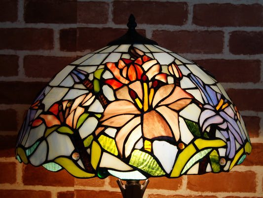 Large 16" Oriental Lily  Style Stained Glass Leadlight Tiffany  Table Lamp