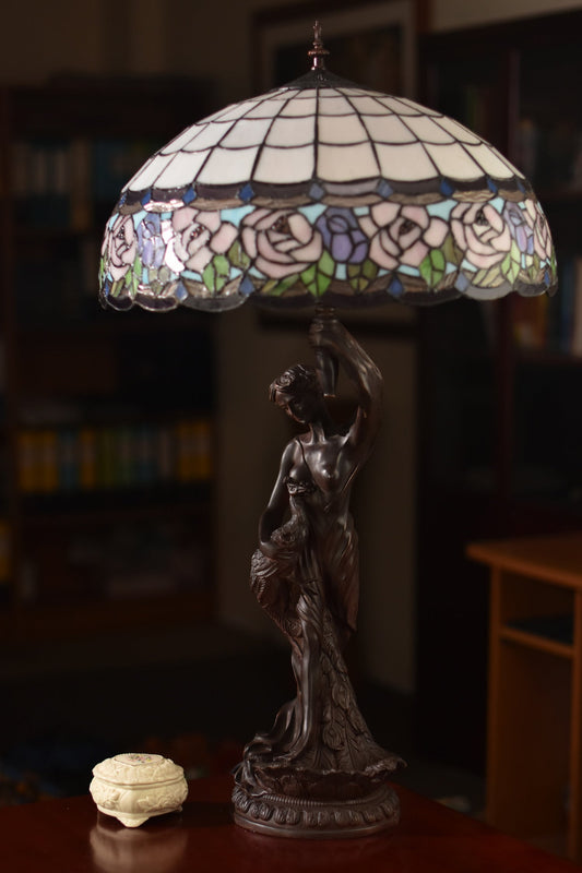 Huge 20" Chandell Rose  Stained Glass Tiffany Table Lamp with Lady peacock Base