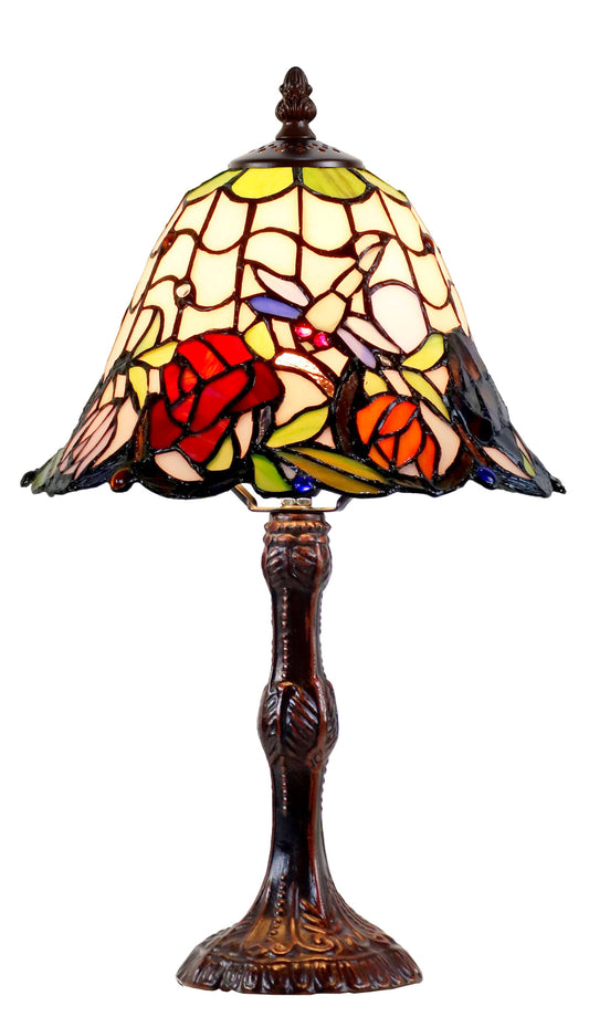 10" Rose & Dragonfly Tiffany Style Stained Glass Table Lamp