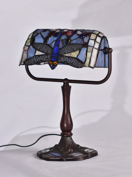 Traditional Dragonfly Tiffany Stained Glass Banker Lamp