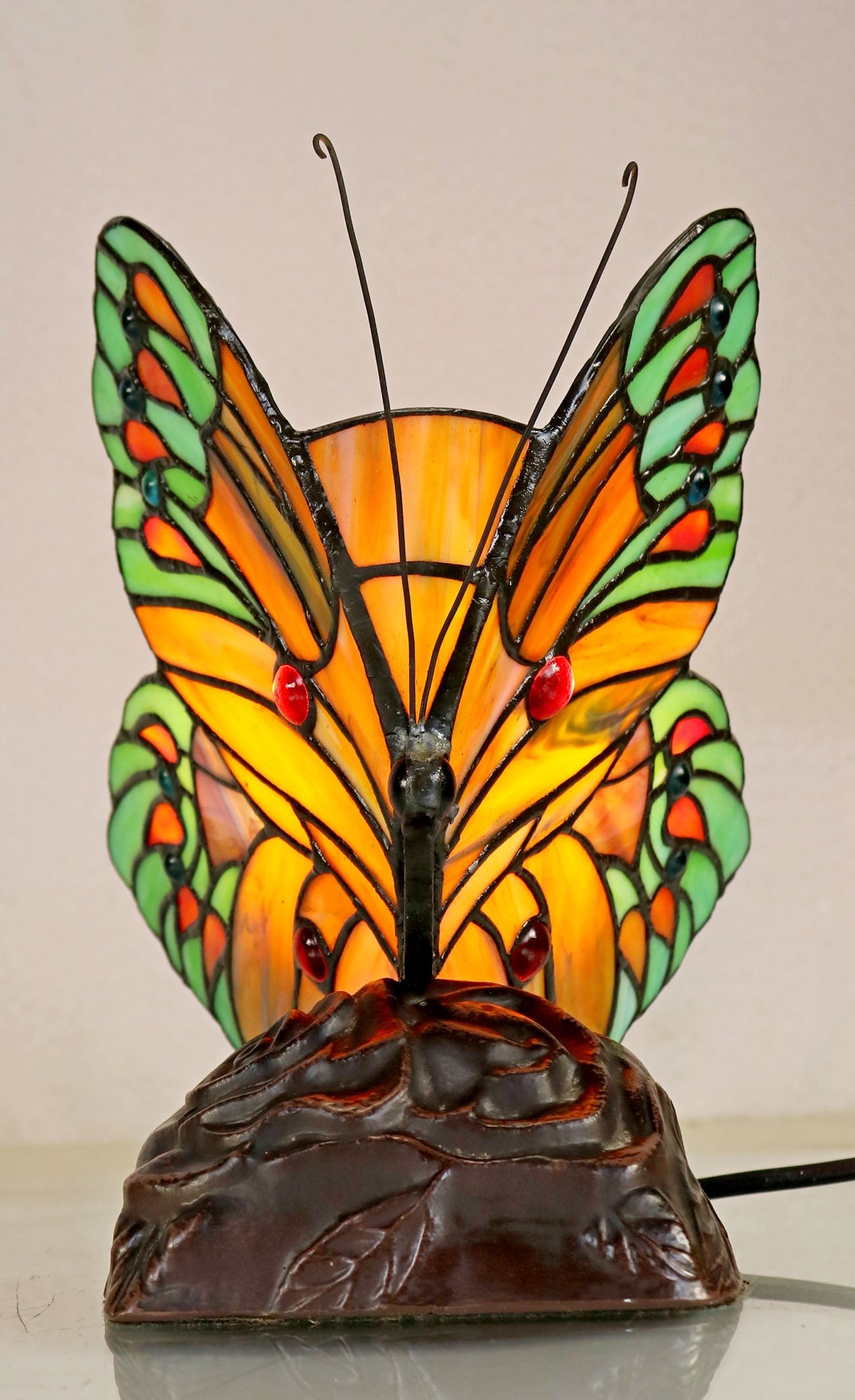 Green Orange Butterfly  Tiffany Leadlight Stained Glass Art Deco Table Lamp