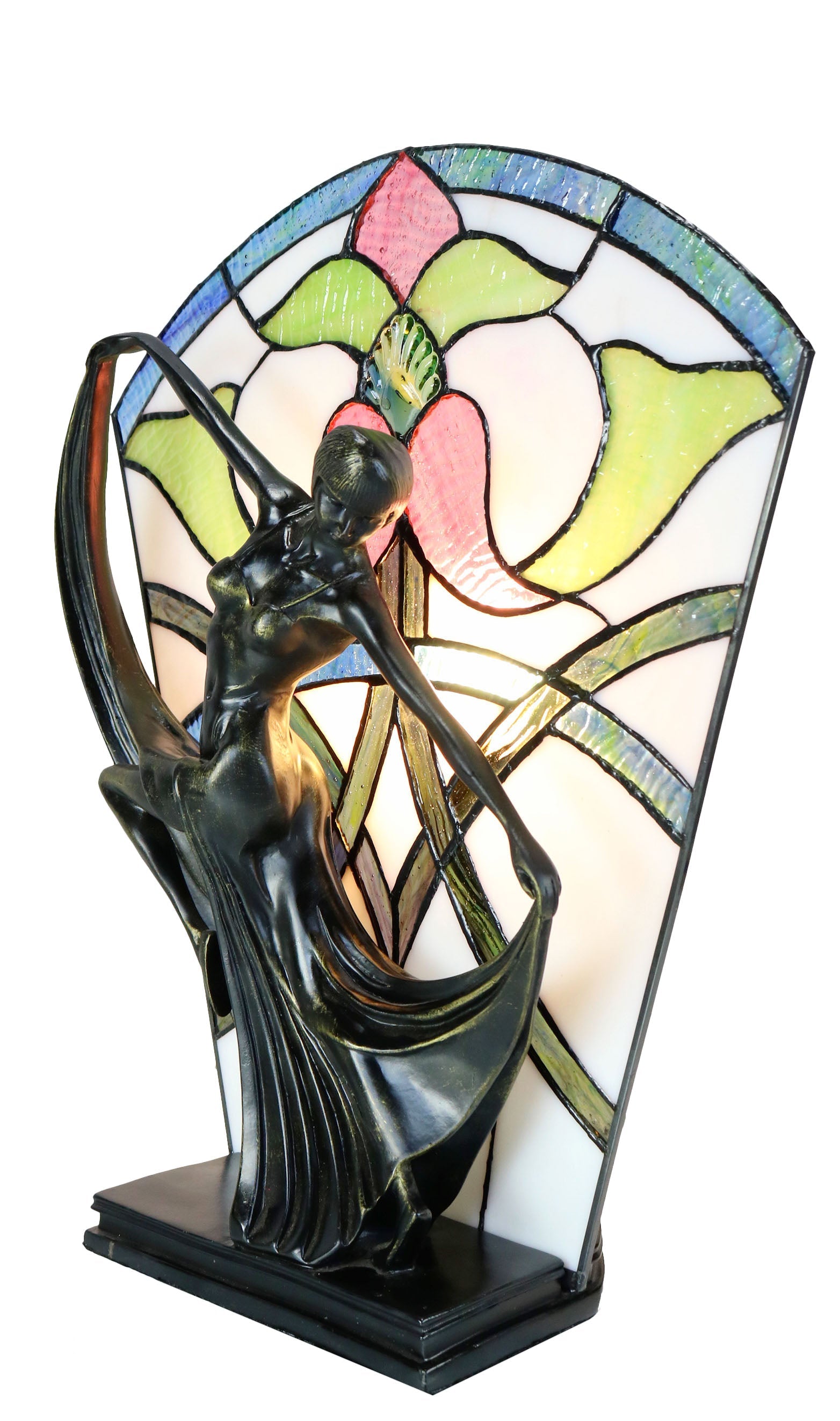 Floral Art Deco Dancer Figurines Tiffany Stained Glass  Lamp