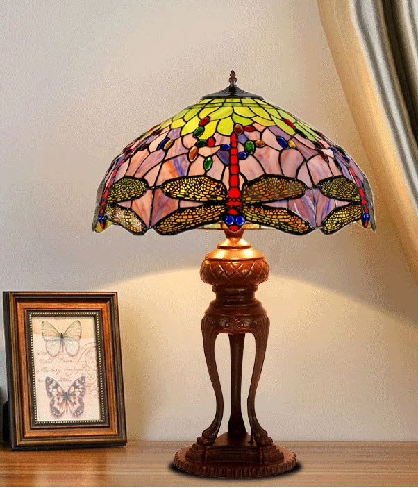 Huge 20" Tiffany Reproduction Green Purple Traditional Dragonfly Table Lamp