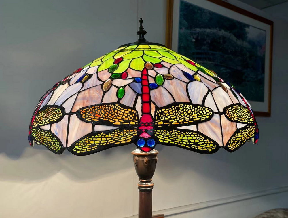Limited Edition Grand 20" Green Purple Dragonfly Style Leadlight Tiffany Floor Lamp
