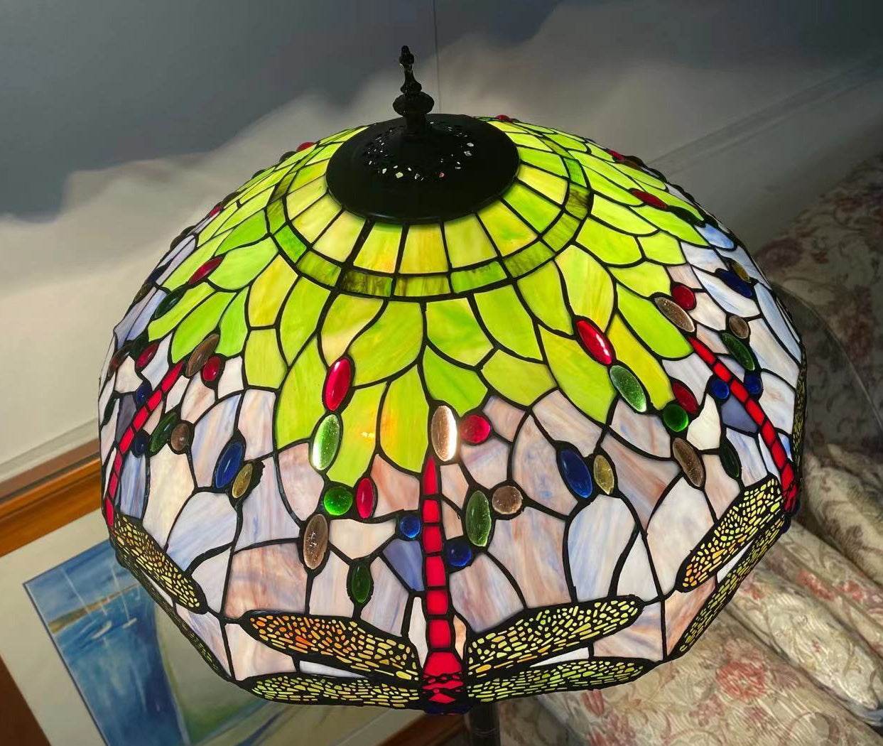 Limited Edition Grand 20" Green Purple Dragonfly Style Leadlight Tiffany Floor Lamp