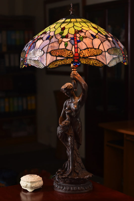 Huge 20" Dragonfly Stained Glass Tiffany Table Lamp with Lady peacock Base