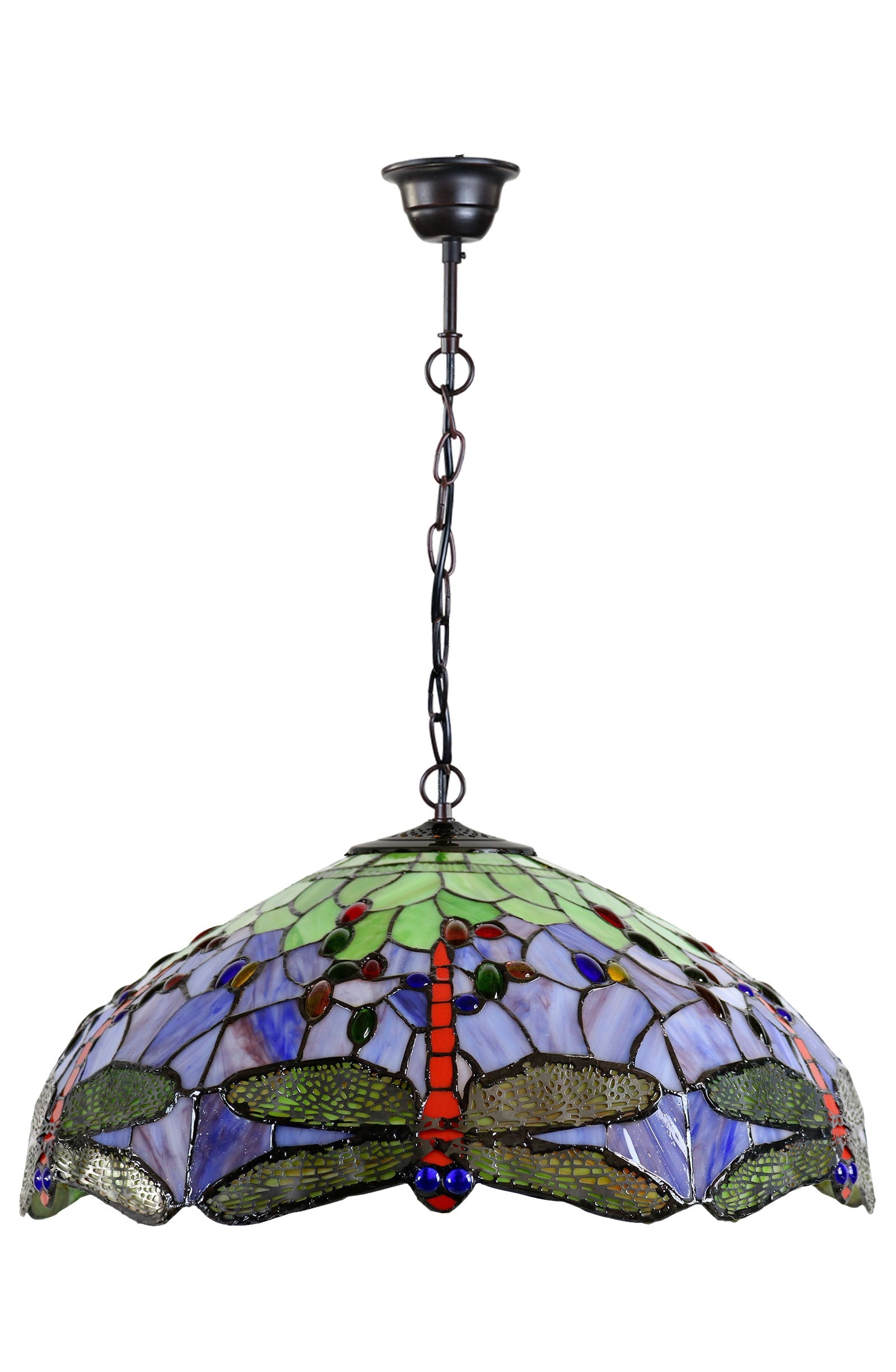 Huge 20" Traditional Purple and Green Dragonfly Stained Glass Tiffany Hanging Light