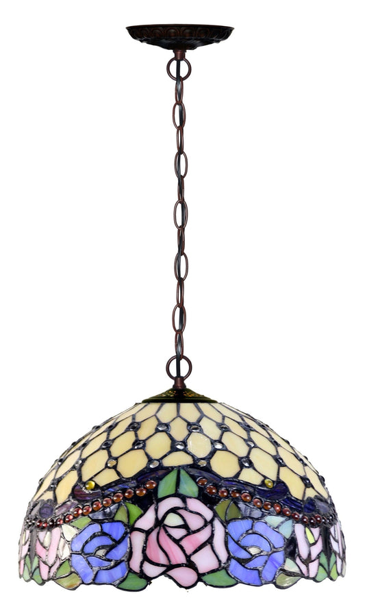 12"  Jeweled Rose Style Stained Glass Tiffany Pendant Light
