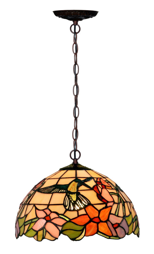 12" Hummingbird Style  Floral Stained Glass Tiffany Pendant Light