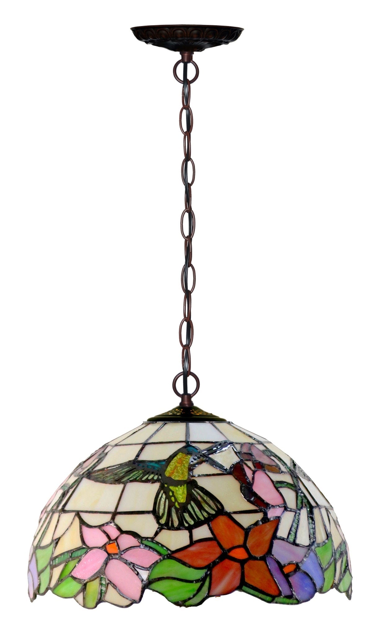 12" Hummingbird Style  Floral Stained Glass Tiffany Pendant Light