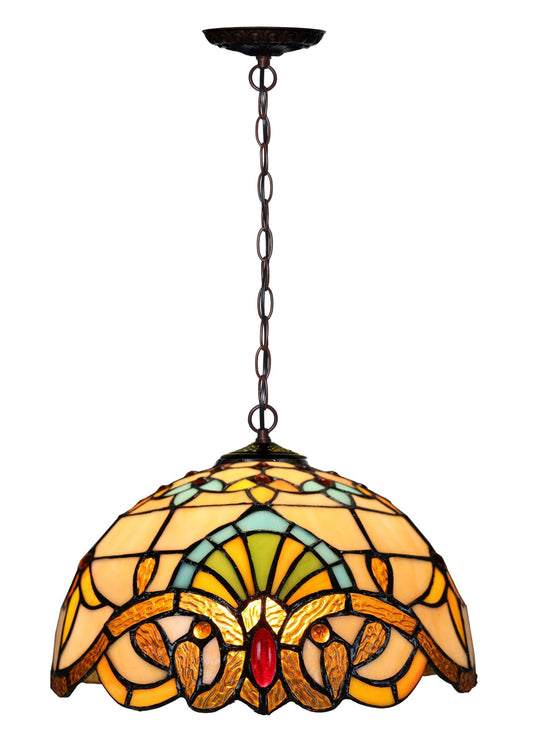 12" Beige Baroque Style Stained Glass Tiffany Pendant Light