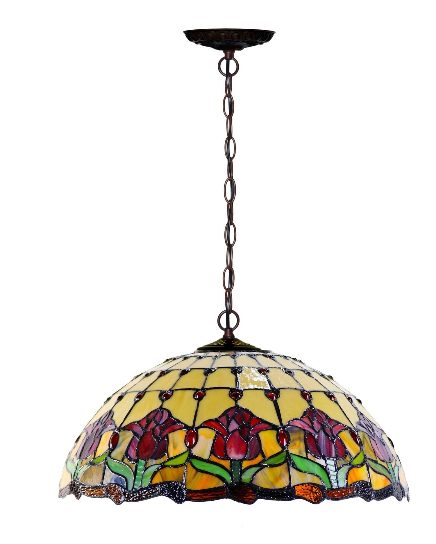 17" Red Colonial  Tulip Stained Glass Tiffany Pendant Light