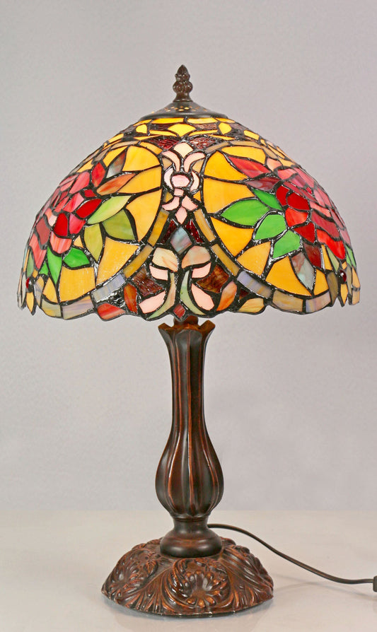 12" Red Camellia Tiffany-Style Bedside Lamp