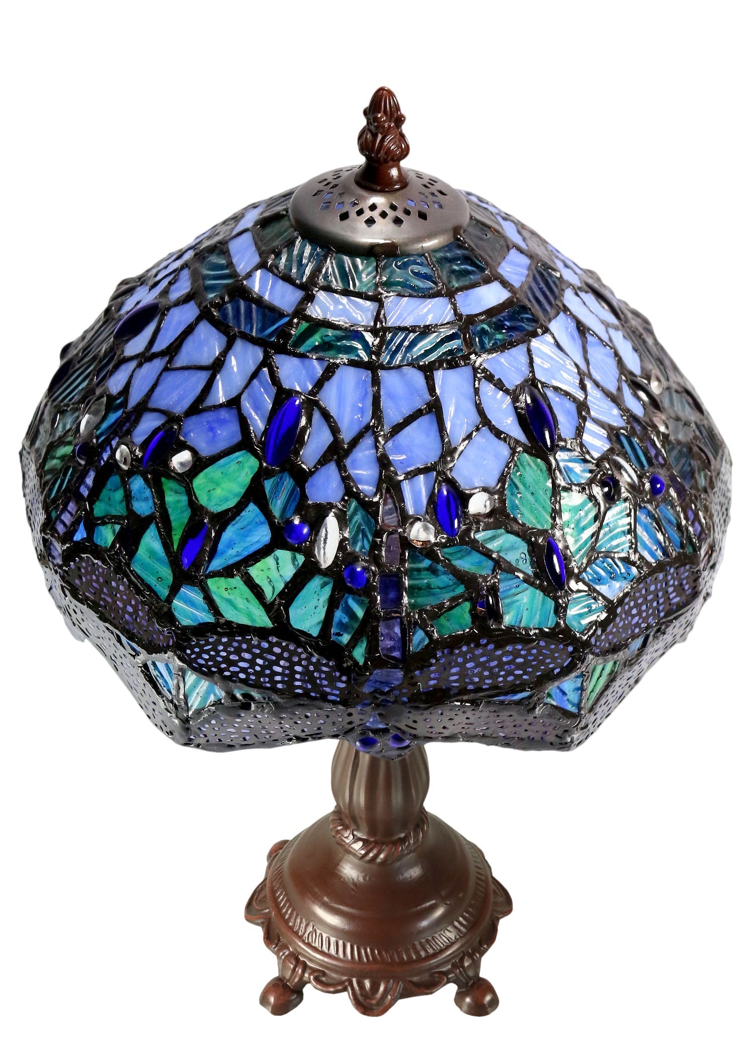 10"  Traditional Blue Dragonfly Style Tiffany Bedside Lamp