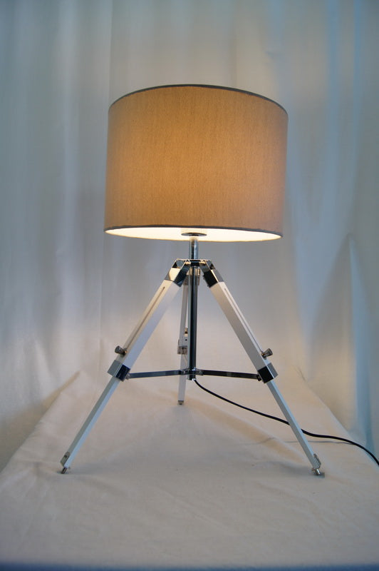 Limited Stock @Striking industrial style Tripod Table Lamp Beige shade with white wooden base