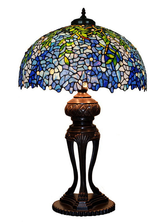 Huge 20 inches Wide Tiffany Reproduction Traditional Blue Wisteria Leaf Table Lamp
