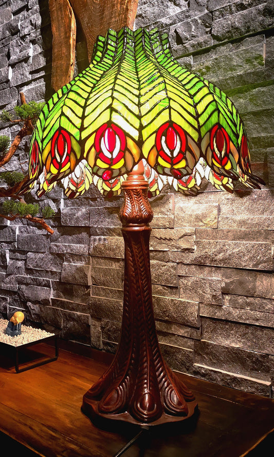 Tiffany Reproduction Traditional Peacock Feather Tiffany Table Lamp With deco Base@Limited Edition