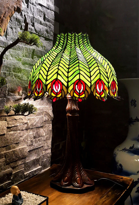 Tiffany Reproduction Traditional Peacock Feather Tiffany Table Lamp With deco Base@Limited Edition