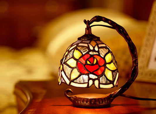 Red Rose  Mini Tiffany Stained Glass Night Lamp