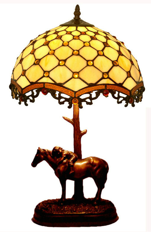 12"  Unique Beaded Tiffany Bedside Lamp with Antique Style Sculpture Base "the Horse Boy"