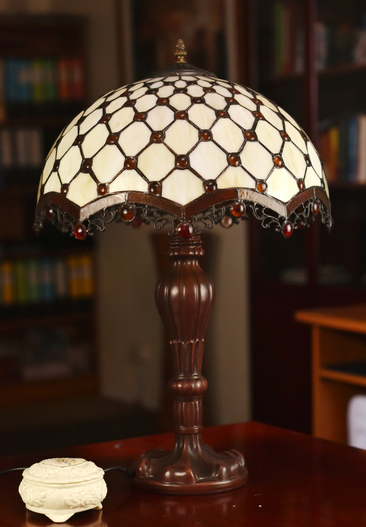 Large 16" Beaded Leadlight Stained Glass Tiffany Table Lamp