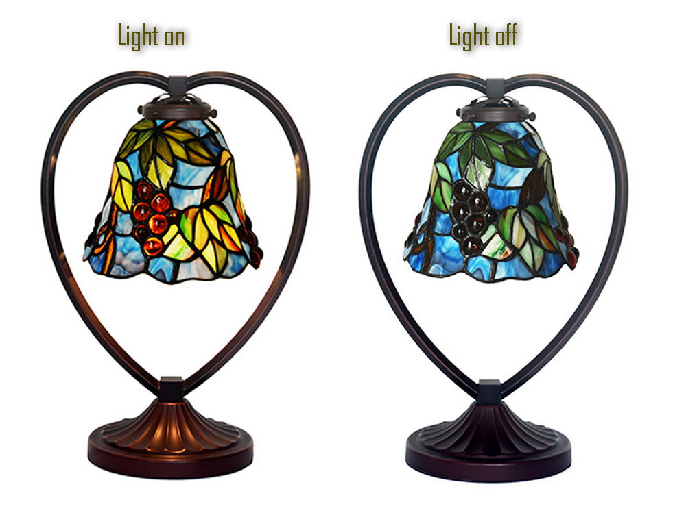 Grape Green Leaf Tiffany Style Stained Glass Table Lamp with Heart-shaped Metal Base