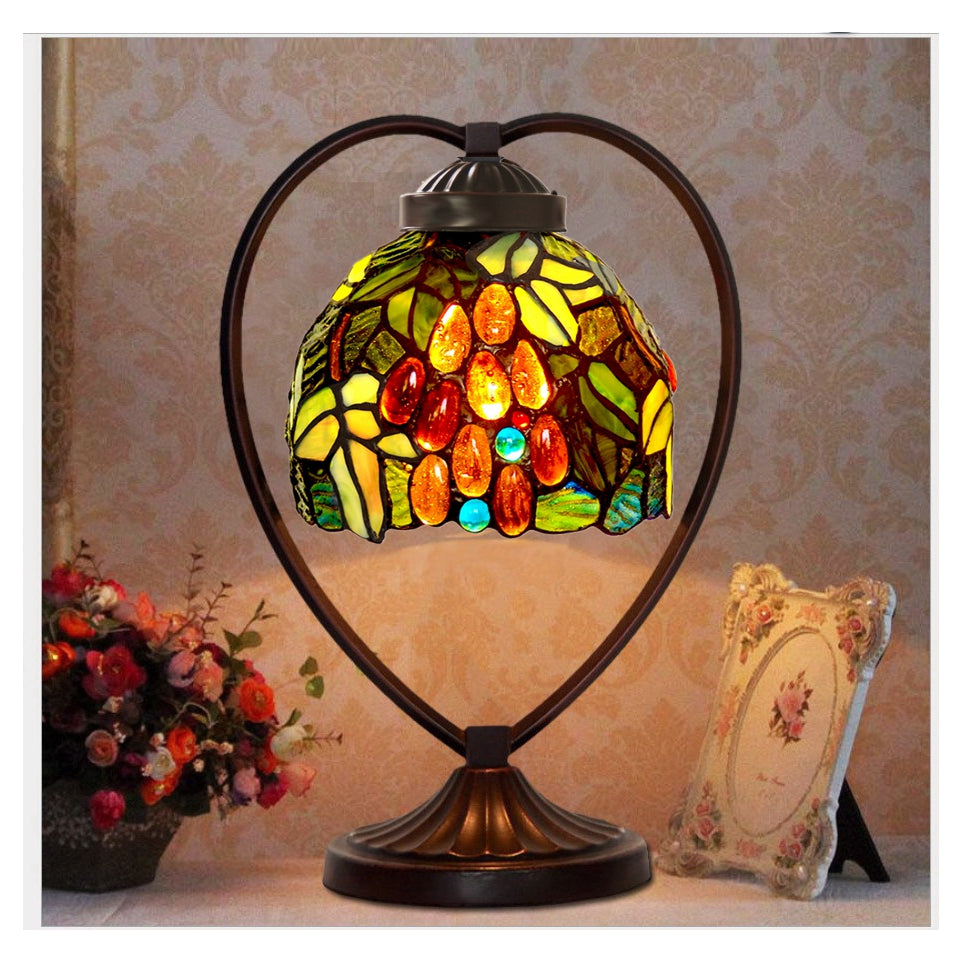 Rose Tiffany Style Stained Glass Table Lamp with Heart-shaped Metal Base