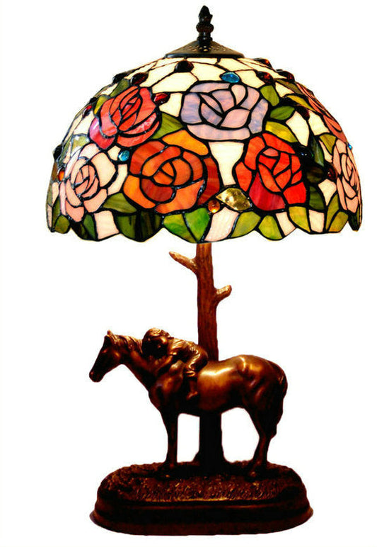 12" Rose  Style Tiffany Bedside Lamp with Antique Style Sculpture Base "the Horse Boy"