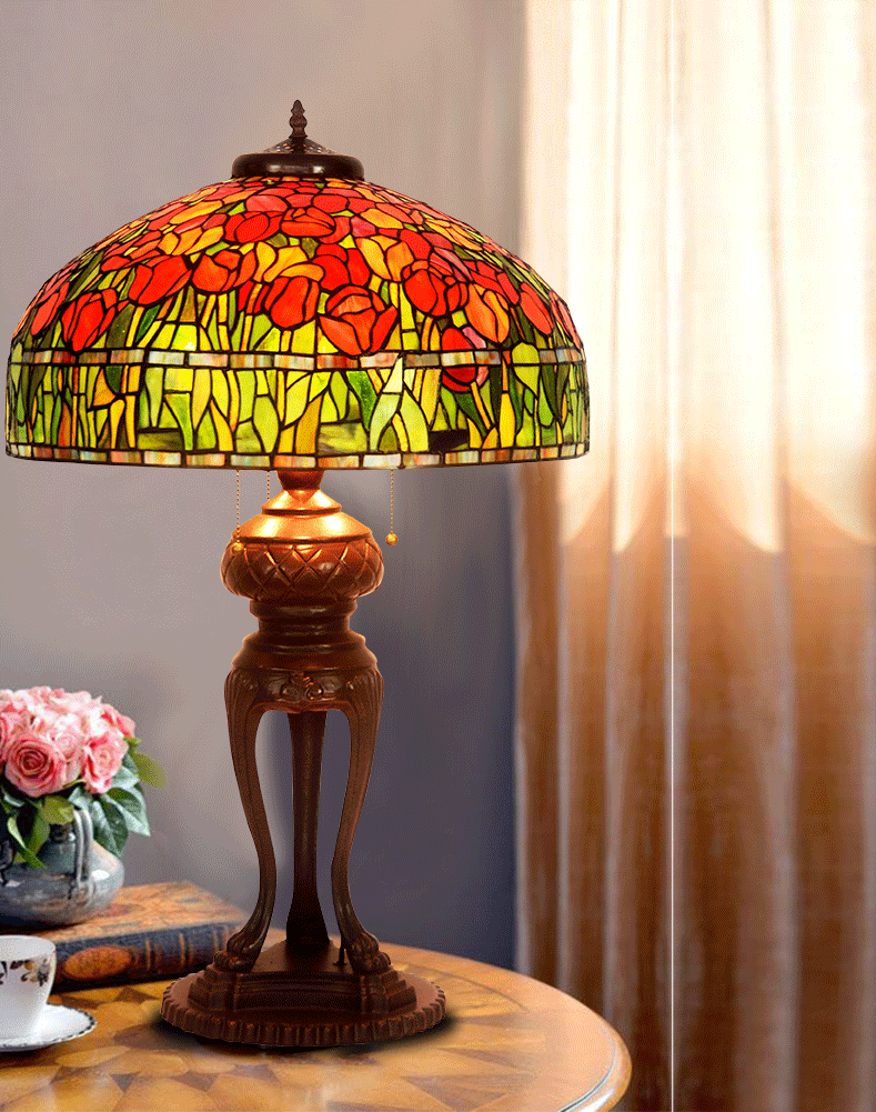 Huge 20 inches Wide Tiffany Reproduction Traditional Red Tulip Table Lamp