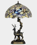 16" Large Tiffany Table Lamp – Birds & Plum Blossom Shade with Reindeer Sculpture Base